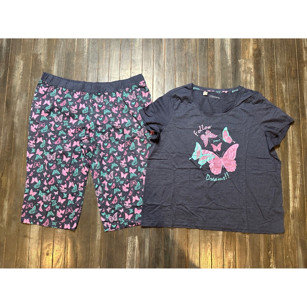 Bonprix Pajama Set Navy Blue Butterfly Graphic Tee Cropped Pants